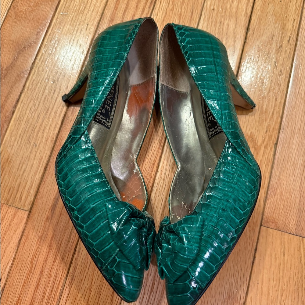 VTG J.Renee Green Crocodile Pattern Heels with Bow Size 9